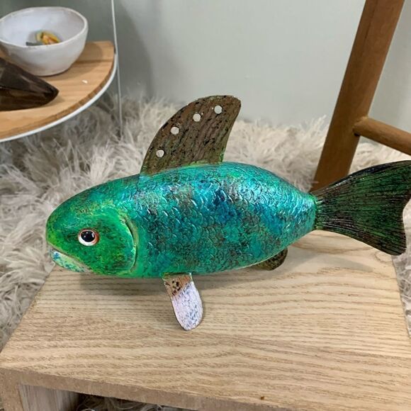 Handcrafted & Hand Painted Folk Art Wood & Metal Colorful Fish Spearing Decoy - Picture 1 of 17